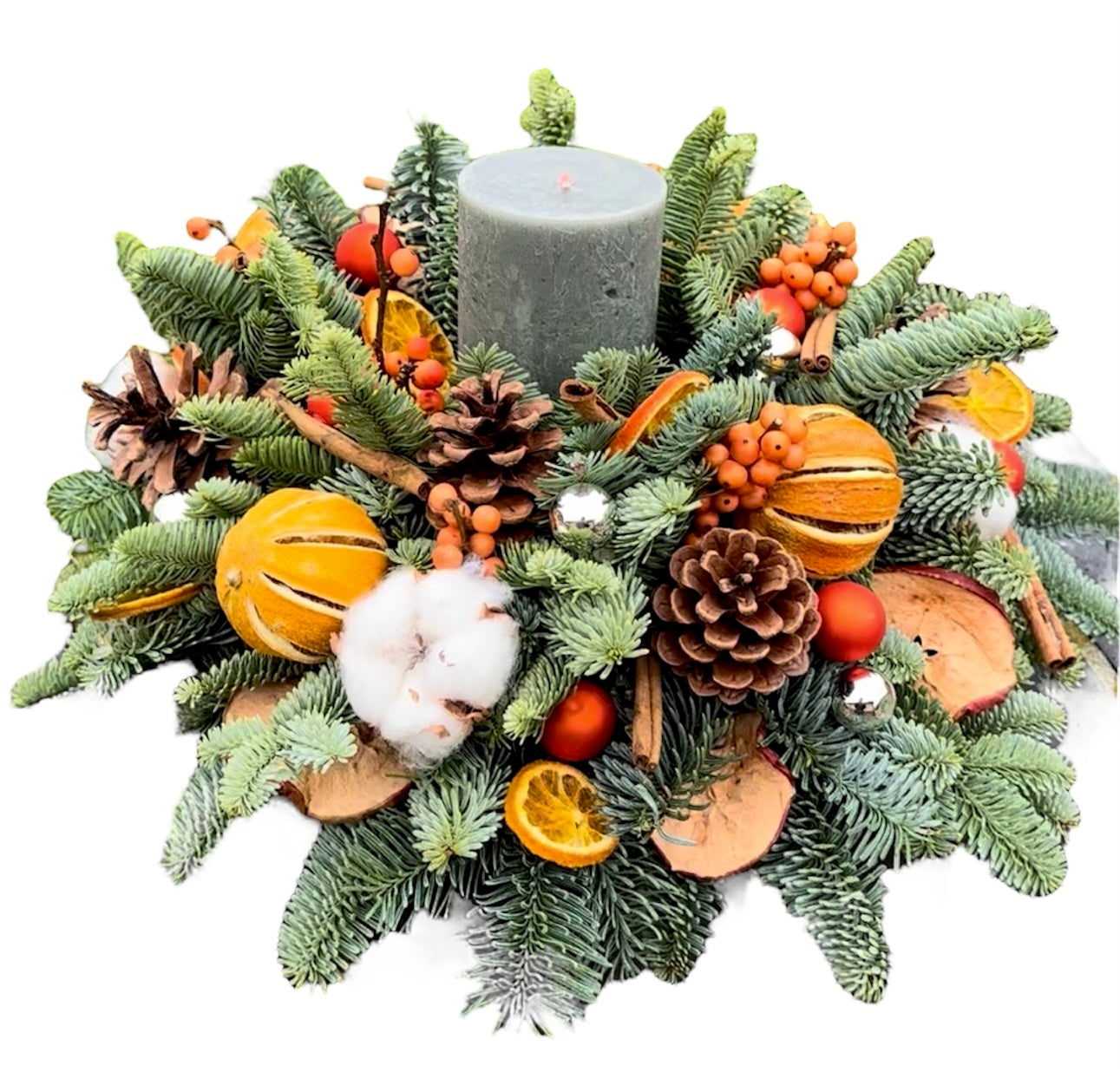 Fresh Dried Fruit Christmas Centerpiece with Pillar Candle