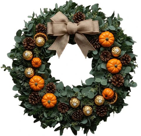 Autumn Eucalyptus Wreath with Pumpkins & Ferrero Rocher - Fresh Bouquet Co.