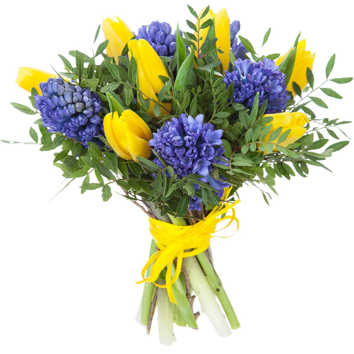 Yellow Tulips & Blue Hyacinth Bouquet with Fresh Greenery