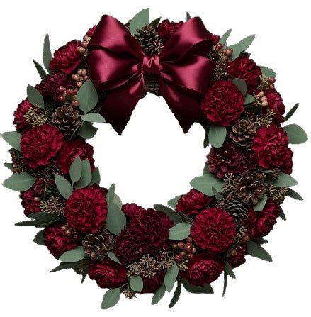 Burgundy Carnations Christmas Wreath with Bow - Fresh Bouquet Co.