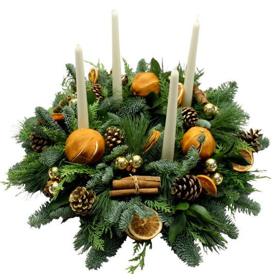 Centerpiece with Whole Dried Orange, Cinnamon and White Taper Candles - Fresh Bouquet Co.