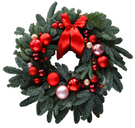Classic Red & Pastel Pink Baubles Christmas Wreath with Bow - Fresh Bouquet Co.