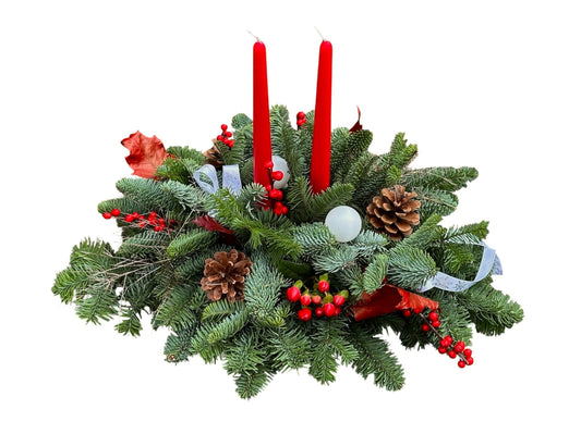 Classic Spruce Centerpiece with Taper Candles, Cones & Ilex Berries - Fresh Bouquet Co.