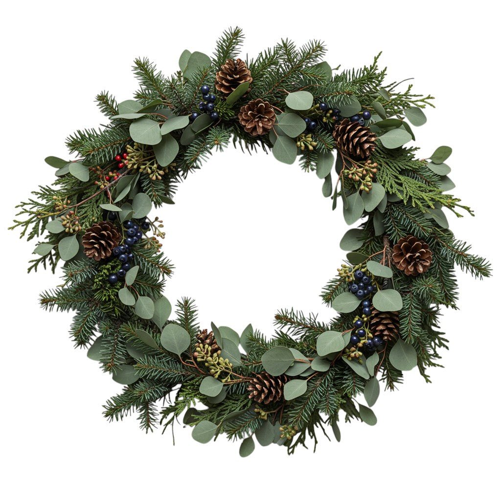 Evergreen & Eucalyptus Woodland Christmas Wreath with Navy Berry - Fresh Bouquet Co.