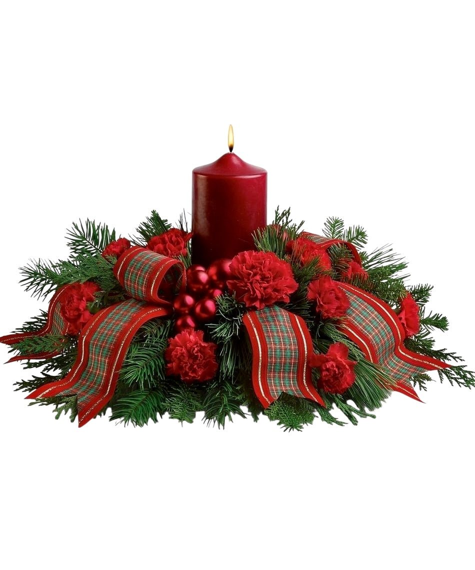 Fresh Centerpiece with Candle & Red Carnation Flowers - Fresh Bouquet Co.