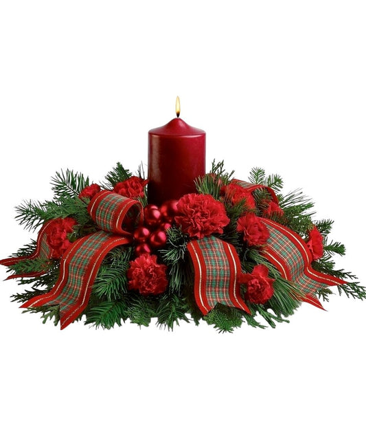 Fresh Centerpiece with Candle & Red Carnation Flowers - Fresh Bouquet Co.