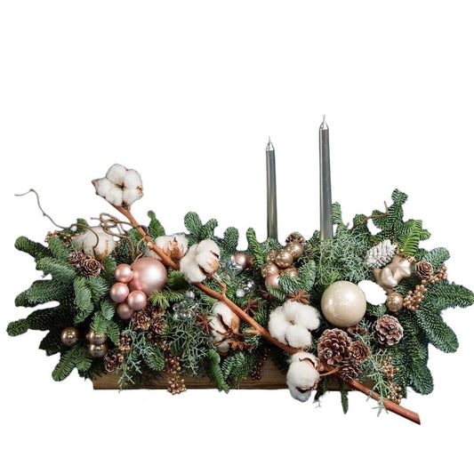Fresh Centerpiece with Cotton, Candles and Gold Berry - Fresh Bouquet Co.