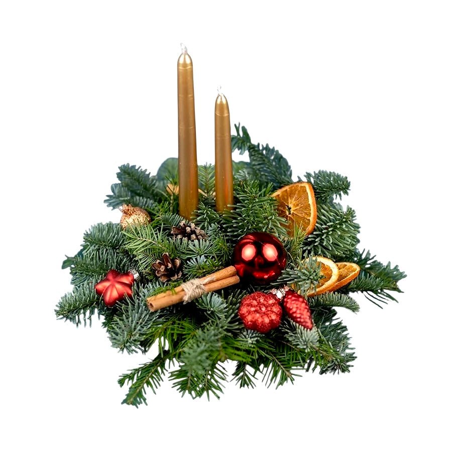 Fresh Christmas Centerpiece with Red Baubles and Orange Slices - Fresh Bouquet Co.