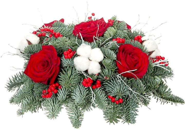 Fresh Spruce Centerpiece with Red Roses, Ilex and Cotton - Fresh Bouquet Co.