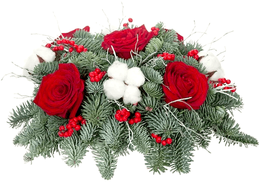Fresh Spruce Centerpiece with Red Roses, Ilex and Cotton - Fresh Bouquet Co.