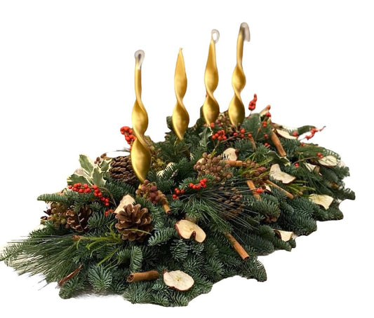 Natural Centerpiece with Cones and Gold Taper Candles - Fresh Bouquet Co.