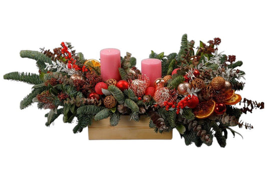 Natural Christmas Centerpiece with Pillar Candles and Fresh Flowers - Fresh Bouquet Co.