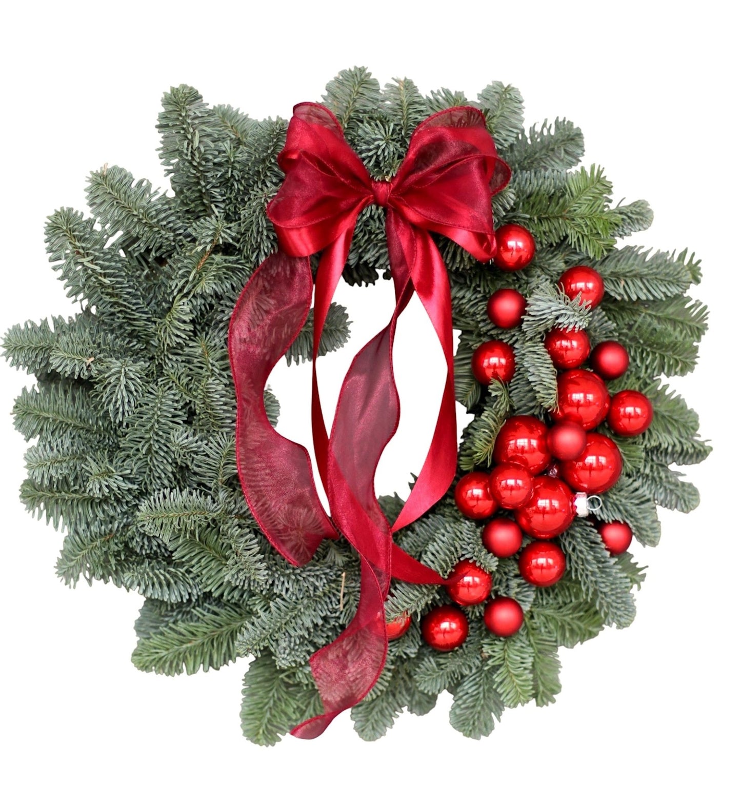 Red Baubles with Bow Christmas Wreath - Fresh Bouquet Co.