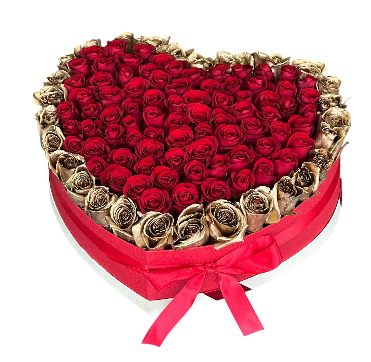 Red Roses Heart with Gold Accents – Premium Box - Fresh Bouquet Co.