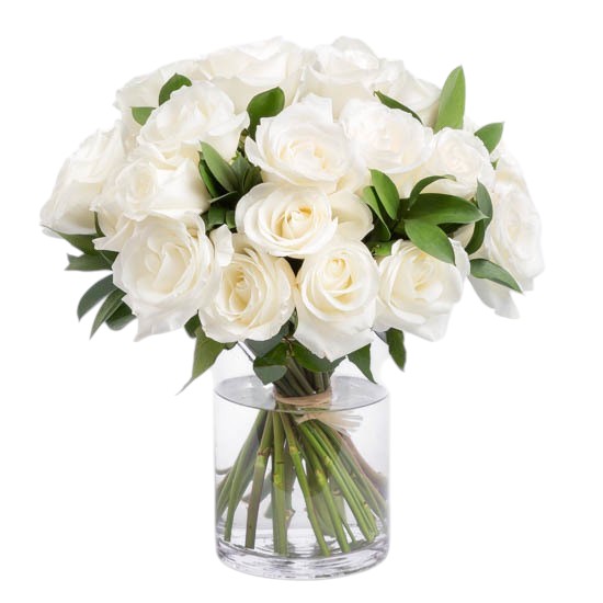 White Avalanche Roses & Foliage Bouquet in Vase
