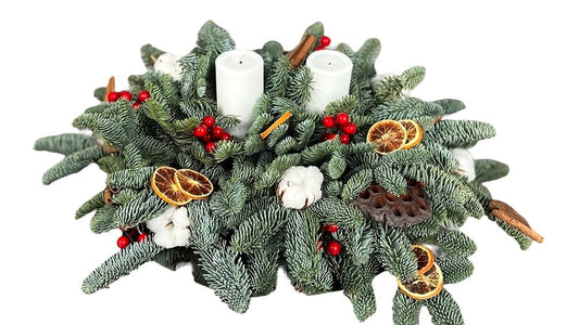 Spruce Candle Centerpiece with Lotus Pad, Cones and Ilex Berries - Fresh Bouquet Co.