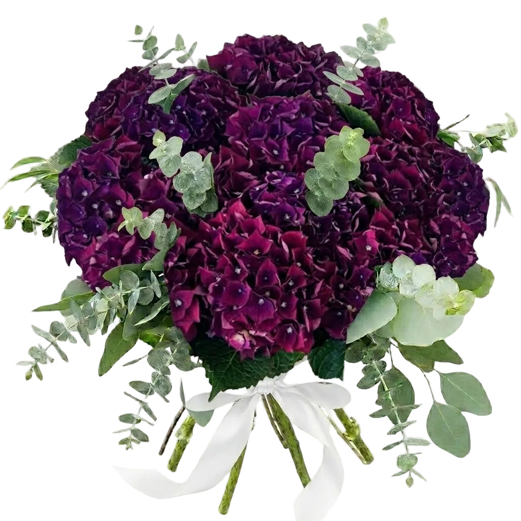 Dark Purple Hydrangea Bouquet with Ruscus Greenery