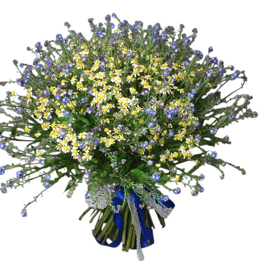 Daisy Tanacetum & Blue Forget Me Not Bouquet