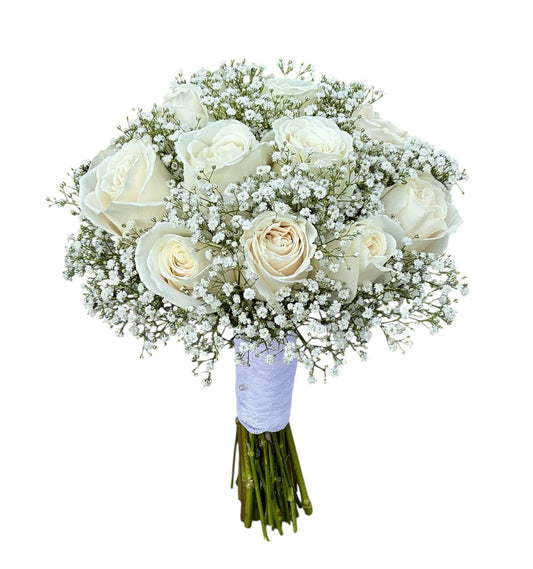 White Playa Blanca Roses with Gypsophila Bridal Wedding Bouquet