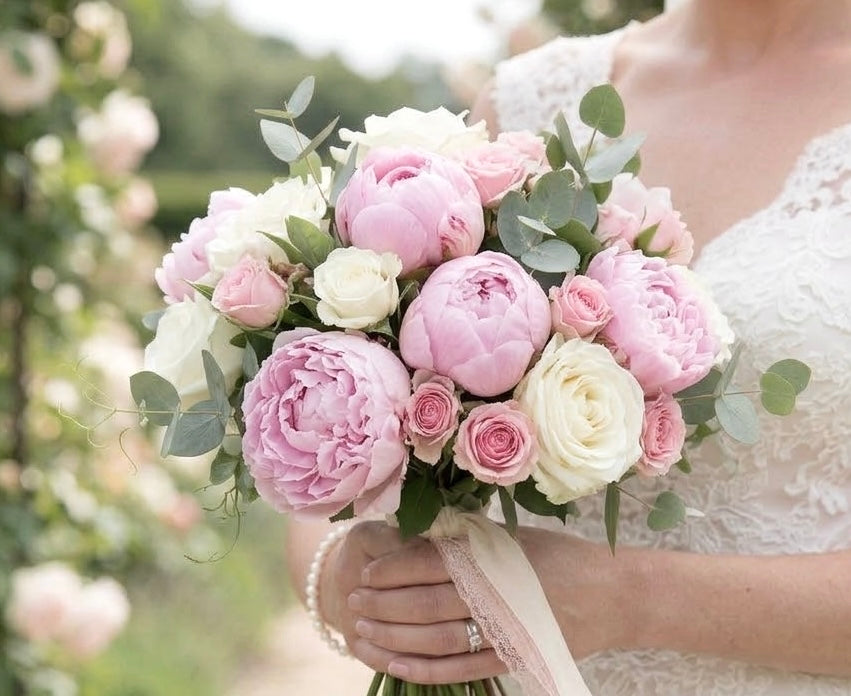 Special bridal bouquet: light pink peonies + light pink roses + white roses + eucalyptus (18 stems) - photo only for example