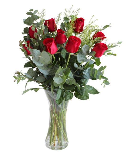 Red Freedom Roses & Foliage Bouquet in Vase