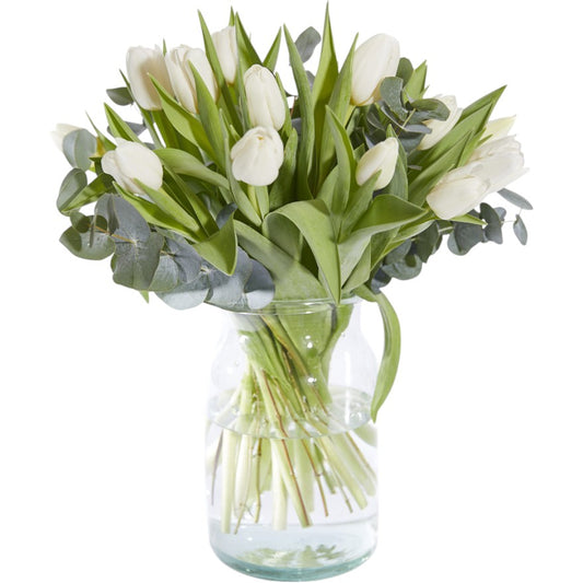 White Tulips & Eucalyptus Bouquet in Vase