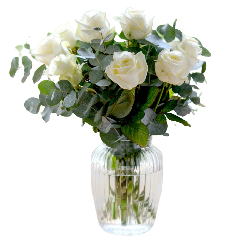 White Avalanche Roses & Eucalyptus Bouquet in Vase