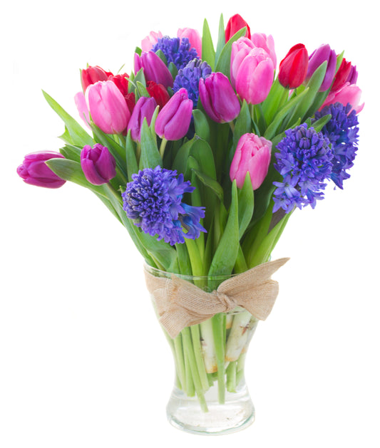 Blue Hyacinth & Colourful Tulips Bouquet in Vase