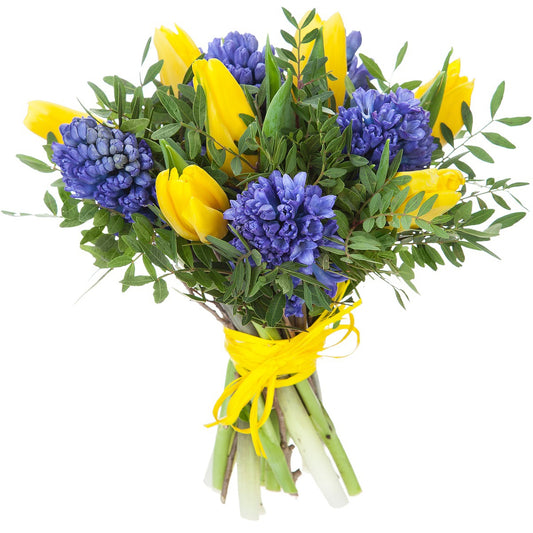Yellow Tulips & Blue Hyacinth Bouquet with Fresh Greenery