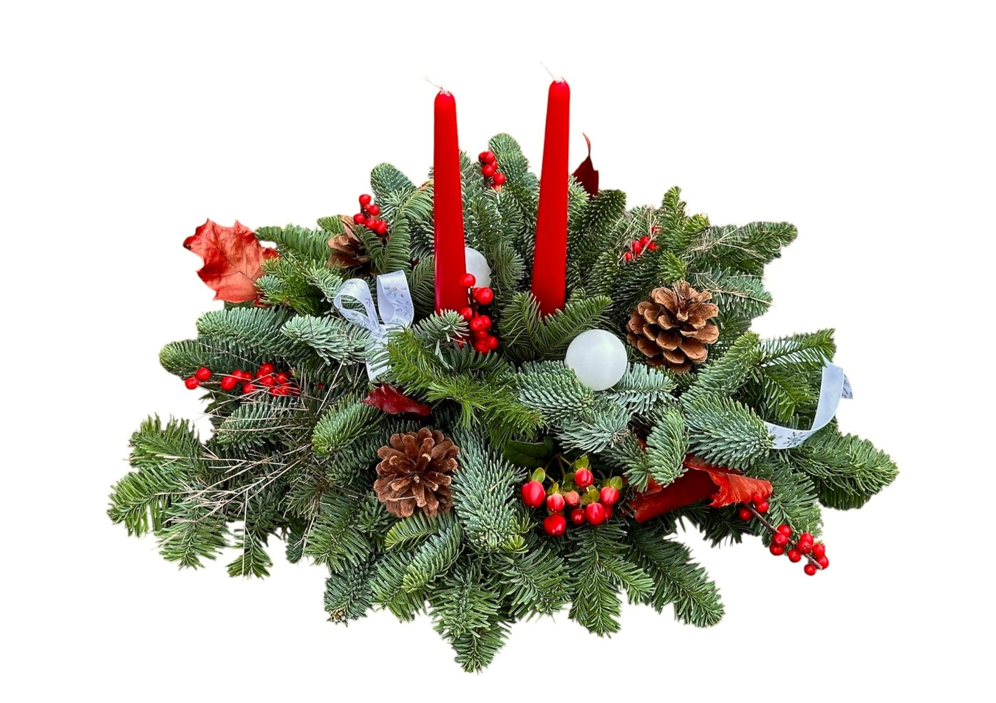 Classic Spruce Centerpiece with Taper Candles, Cones & Ilex Berries - Fresh Bouquet Co.