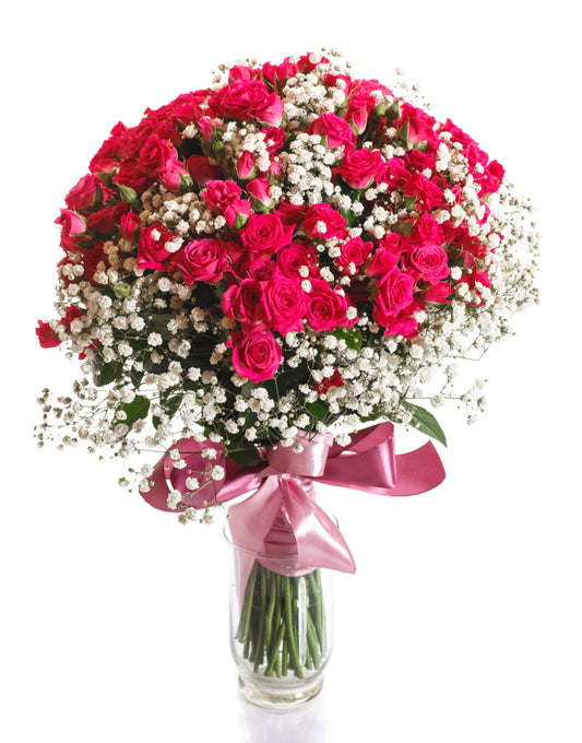 Dark Pink Spray Roses & Gypsophila Bouquet in Vase