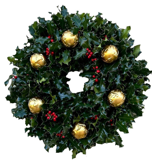 Fresh Holly Wreath with Vintage Gold Baubles and Ilex Berry - Fresh Bouquet Co.