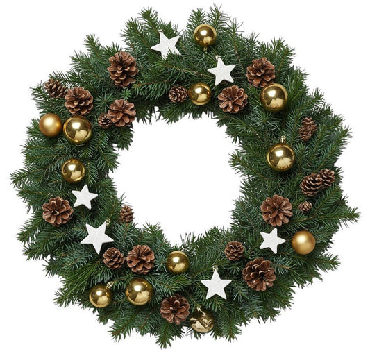 Golden Baubles with Star & Pine Cone Christmas Wreath - Fresh Bouquet Co.