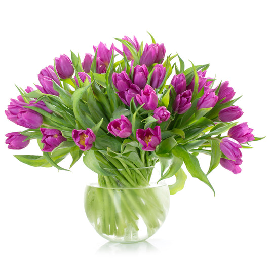 Purple Tulips Bouquet in Fishbowl Vase