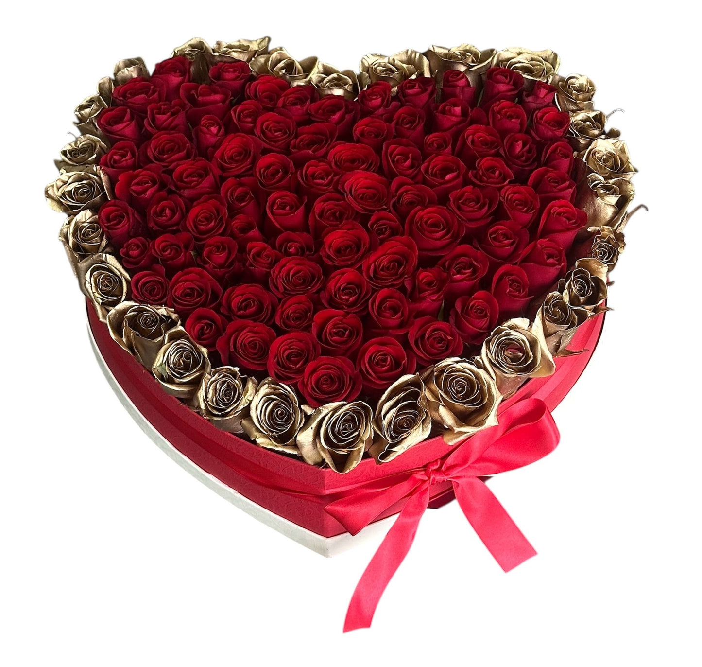 Red Roses Heart with Gold Accents – Premium Box - Fresh Bouquet Co.