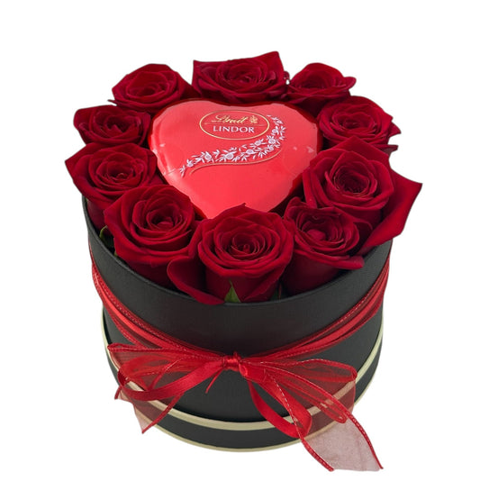 Roses in a Box with Metal Heart & Chocolates - Fresh Bouquet Co.