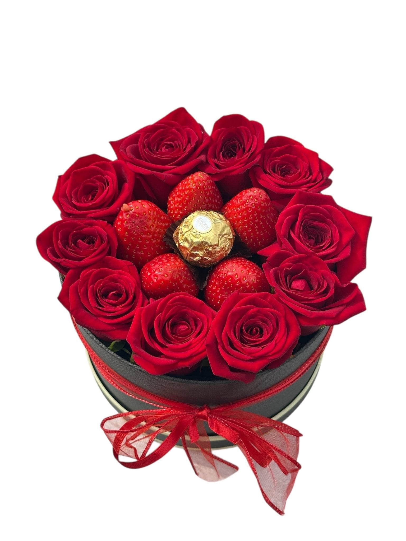Roses in a Box with Strawberries & Ferrero Rocher - Fresh Bouquet Co.
