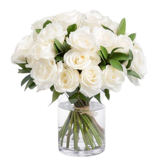 White Avalanche Roses & Foliage Bouquet in Vase