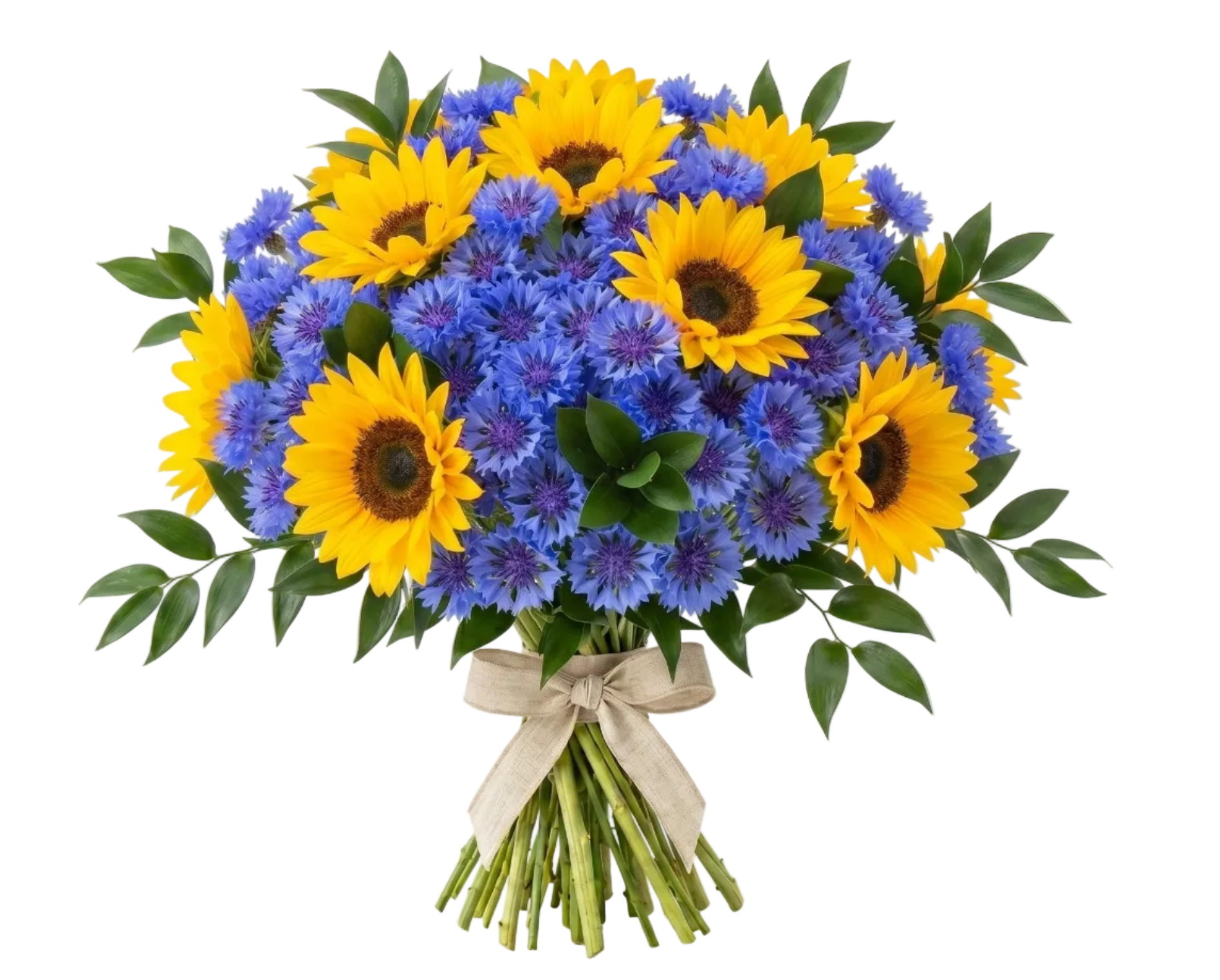 Sunflowers & Cornflowers Bouquet with Ruscus - Fresh Bouquet Co.