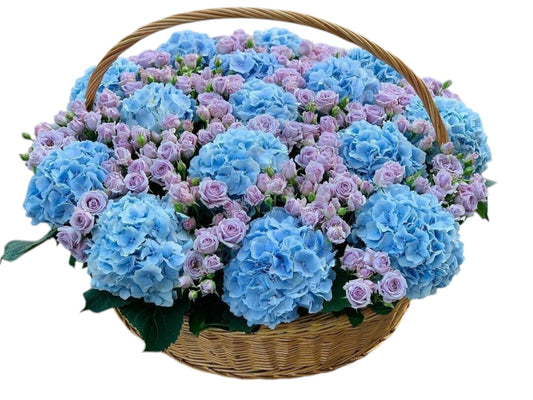 Blue Hydrangea & Lavender Spray Roses in Basket