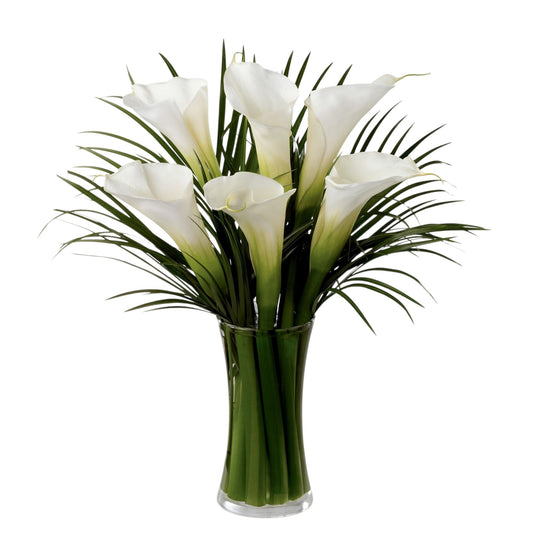 White Calla Lily Arrangement with Leaves in Vase - Fresh Bouquet Co.