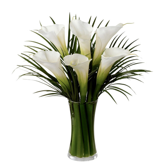 White Calla Lily Arrangement with Leaves in Vase